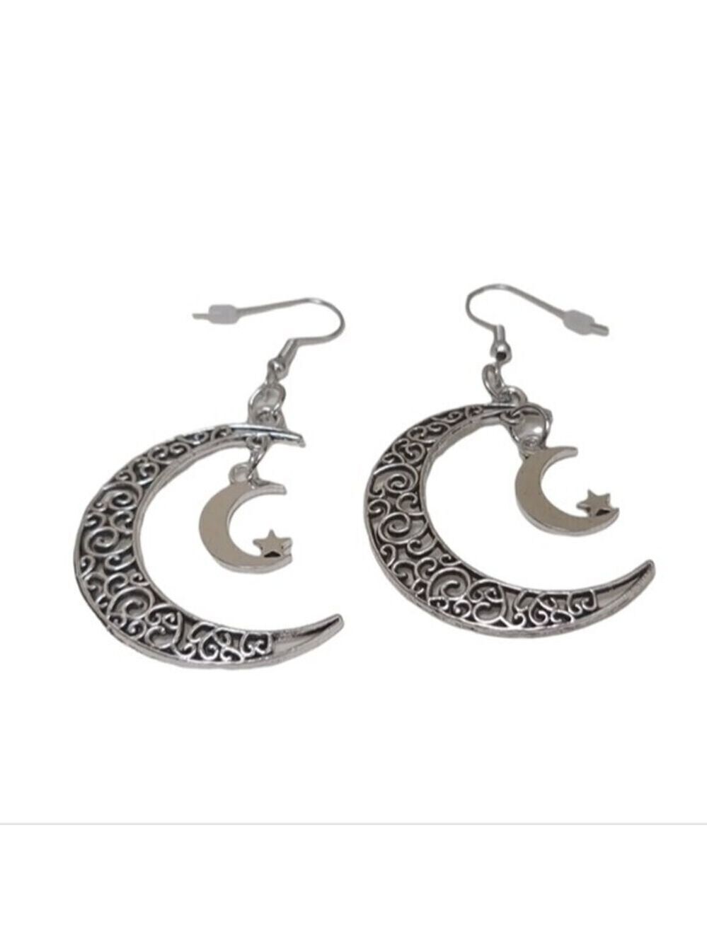 Hollow Double Crescent Moon Star Silver Color Dangle Earrings NEW